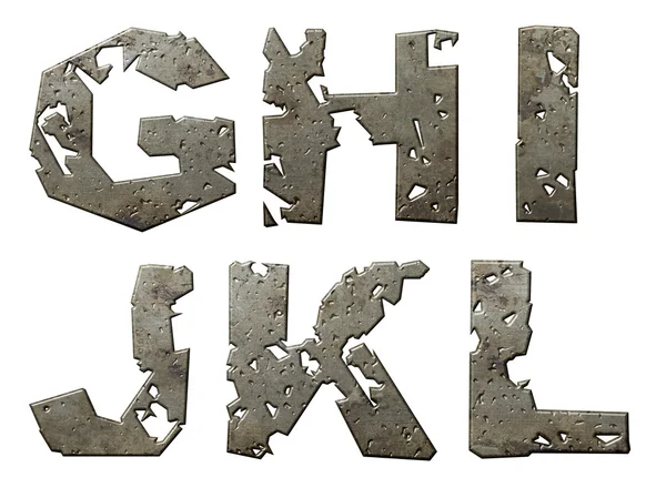 Serie de letras de hierro con borde roto aislado sobre fondo blanco . —  Fotos de Stock