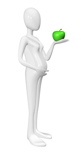孕妇与孤立在白色背景上的绿色苹果. — 图库照片