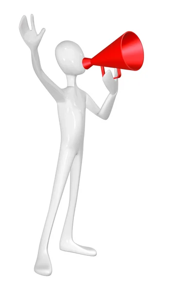Man met rode megafoon geïsoleerd op witte achtergrond. — Stockfoto