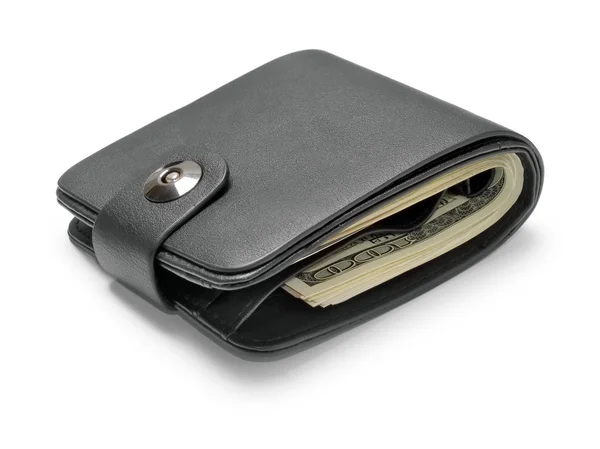 Black leather wallet with dollars isolated on white background. — Stock Photo, Image