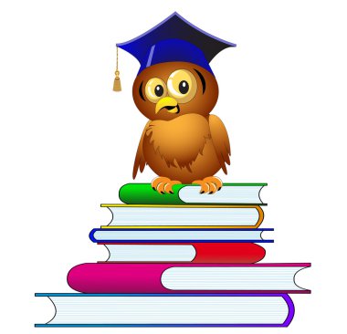 Owl in hat sits on pile of the books clipart