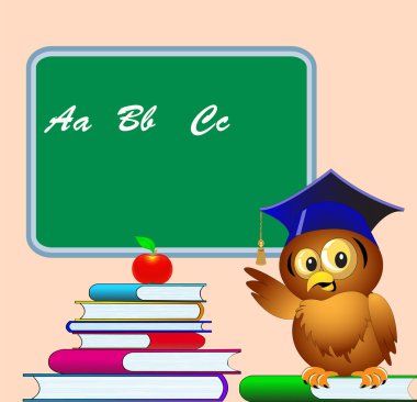 Owl points to school board on pile of the books apple clipart