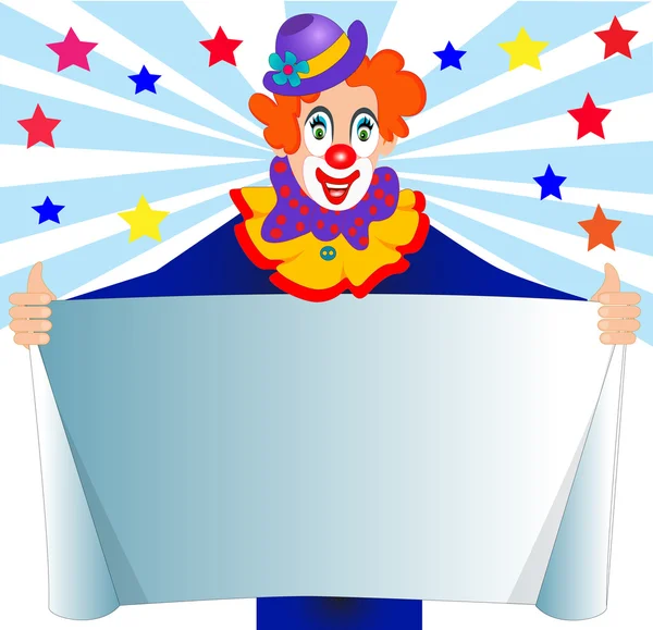 Merry clown keeps paper for message — Stock Vector