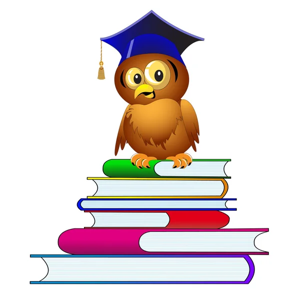 Owl in hoed zit op stapel van de boeken — Stockvector