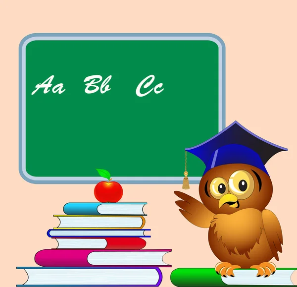 Owl points to school board on pile of the books apple — Stock Vector