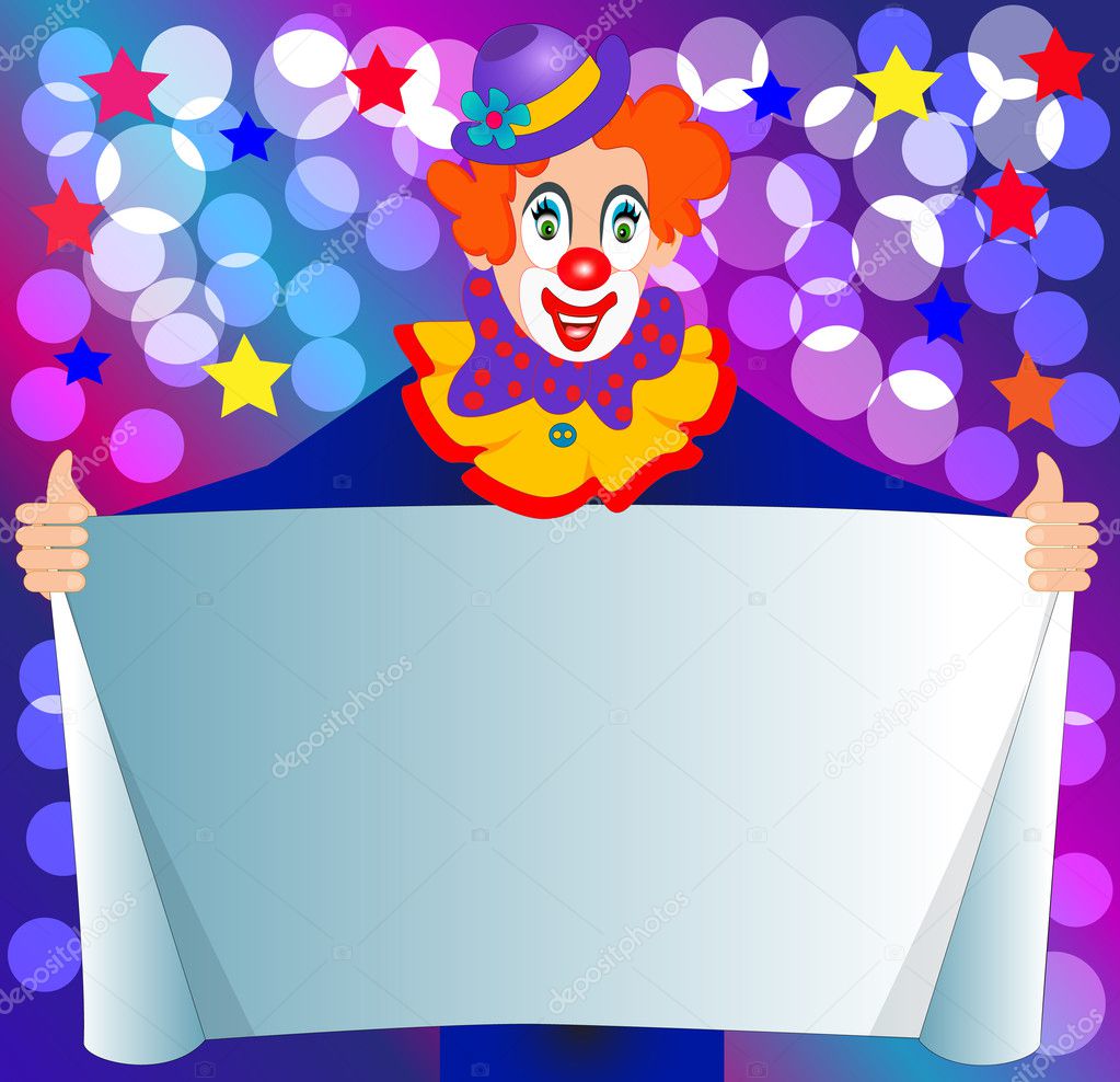 Amusing clown keeps paper for invitation