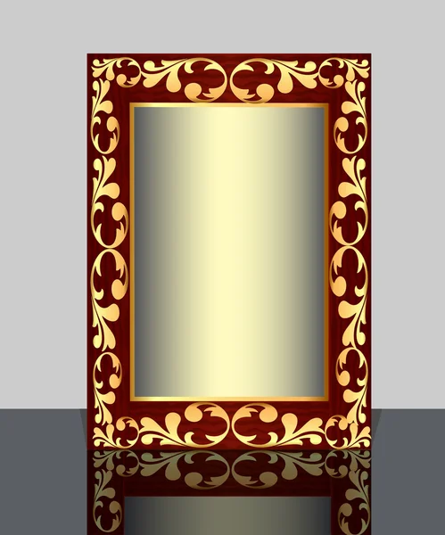 By wooden frame with vegetable gold(en) pattern and reflection — Stock Vector