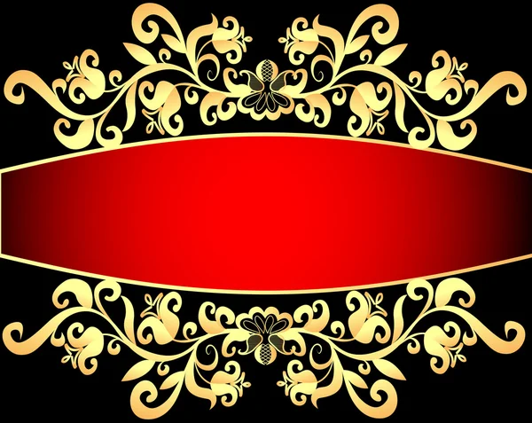 Marco de fondo rojo con patrón de oro vegetal (es) — Vector de stock