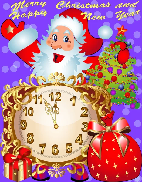 Uhr und Weihnachtsmann mit Tanne — Stockvektor