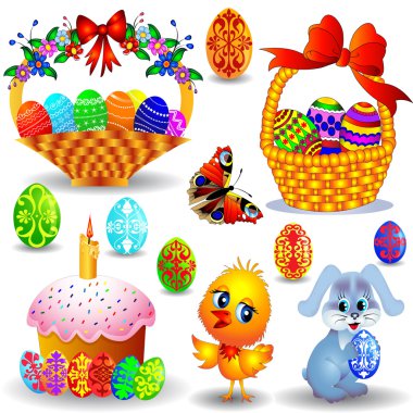 Peaster set with candle and basket with painted egg chicken and clipart