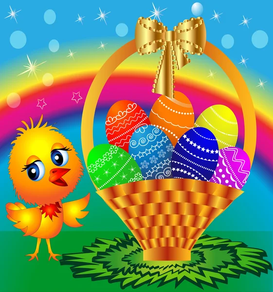 Εορταστική καλάθι με ζωγραφισμένα αυγά και κοτόπουλο — Διανυσματικό Αρχείο
