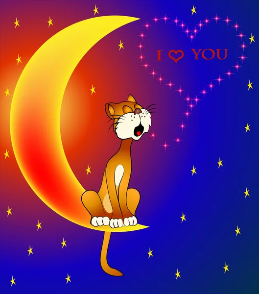 Gato canta sentado en la luna sobre el amor para el día Valentina — Vector de stock