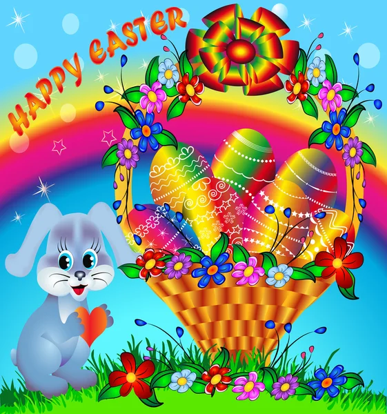 Slavnostní koš s malovanými vejci a králík — Stockový vektor