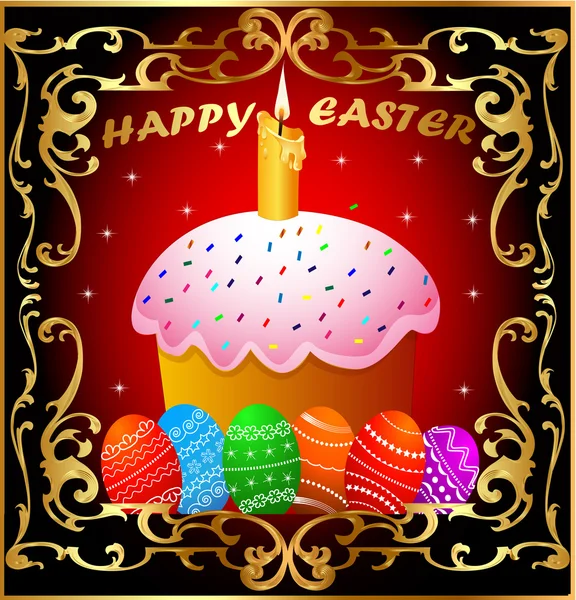Ostern mit Kerze und bemaltem Ei in Gold (de) rahmen — Stockvektor