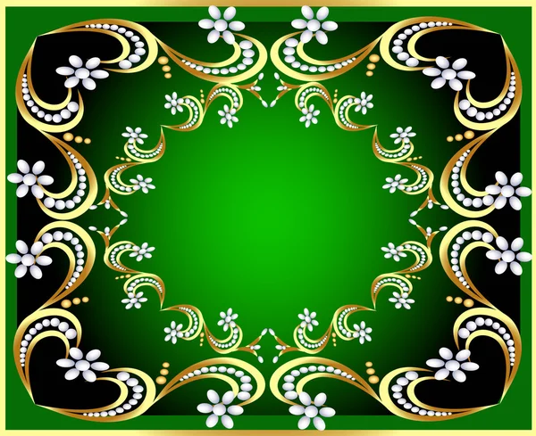 Green background with gold(en) pattern and pearl — Stock Vector