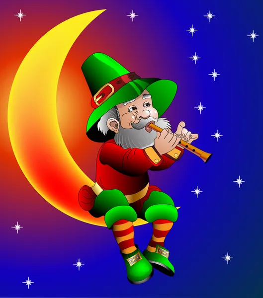 Goochelaar speelt op fluit zittend op de maan in de nacht — Stockvector