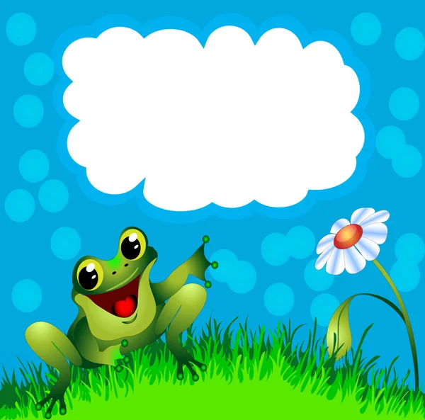 Βάτραχος κάθεται στο χορτάρι και λουλούδι και βαθμοί σε μήνυμα — Διανυσματικό Αρχείο