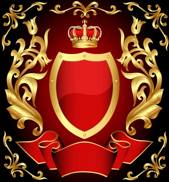 Arma escudo com coroa e ouro (pt) ornamento e fita — Vetor de Stock