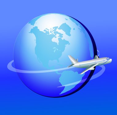 Plane flies around globe in journey clipart