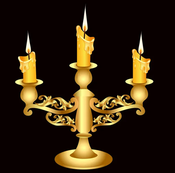 Candeliere oro (en) con tre candele accese — Vettoriale Stock