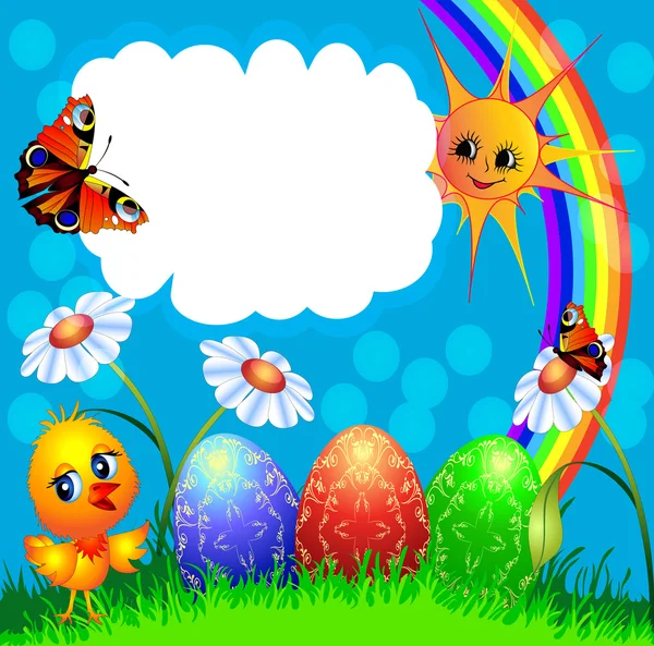Fondo de Pascua con huevo y divertido pollo y arco iris — Vector de stock
