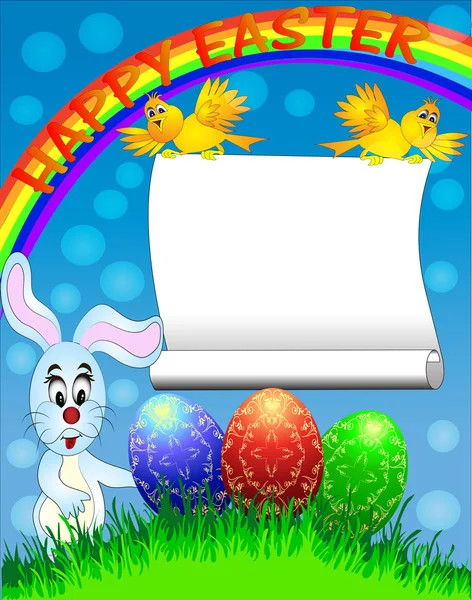 Fondo de Pascua con huevo y divertido conejo y arco iris — Vector de stock
