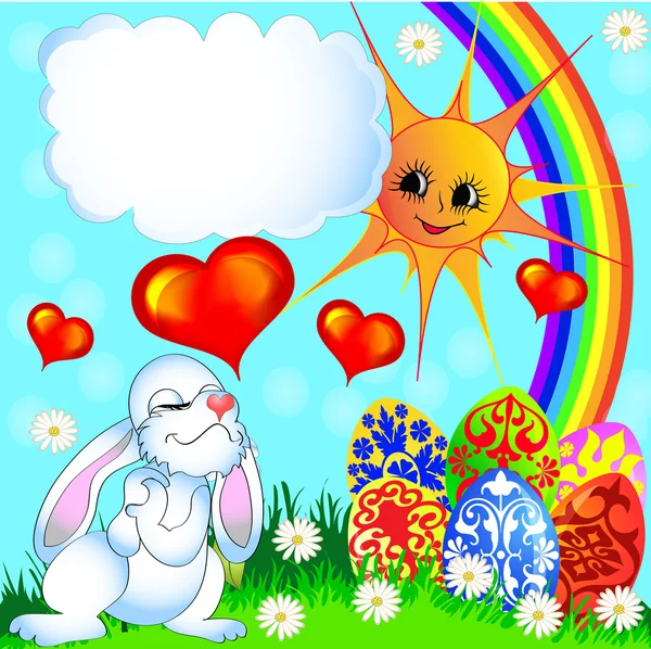Easter background with egg and amusing rabbit and rainbow — Stock Vector