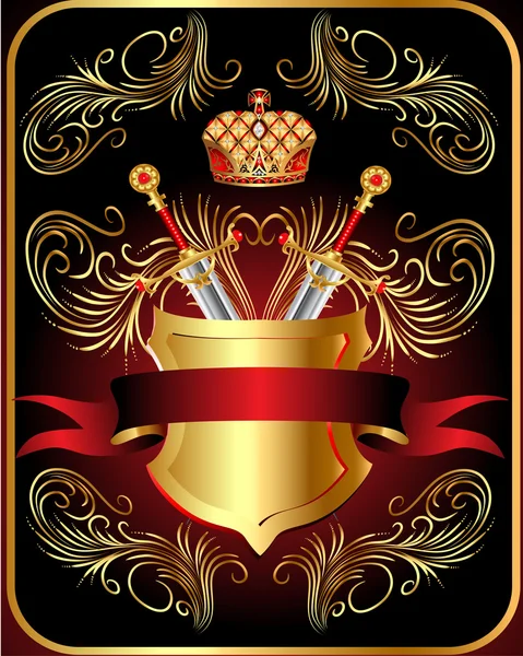Escudo de pistola con corona y oro (es) ornamento y cinta — Archivo Imágenes Vectoriales