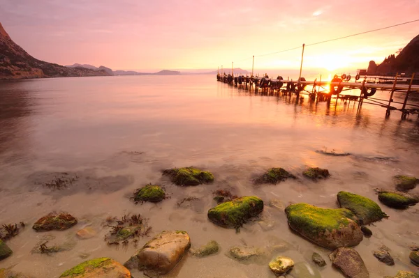 夜明けに湾のマリーナ — ストック写真