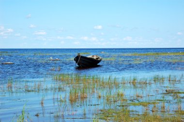 Wooden boat near the lake bank clipart