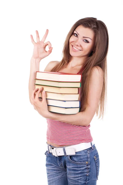 Portret van een jonge vrouw met boeken geïsoleerd — Stockfoto