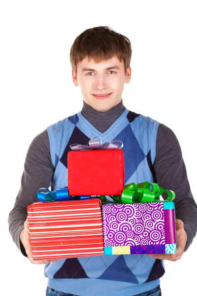 Present gift holding man looking camera — Stock Photo, Image