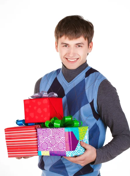 Present gift holding man looking camera — Stock Photo, Image