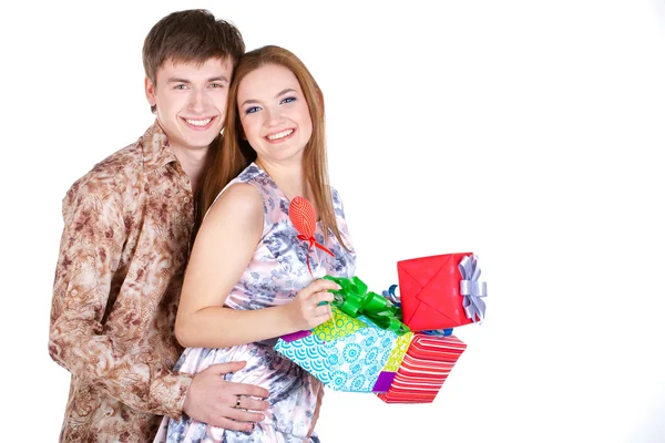 Young couple with gifts — Stock Photo, Image