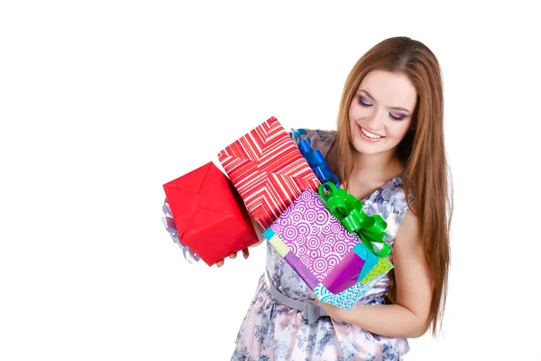 Beautiful girl holding gifts isolated — Stock Photo, Image