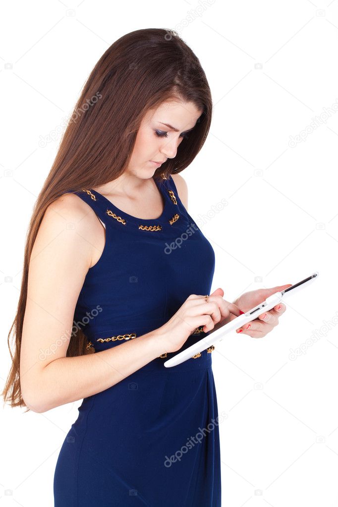 Brunette woman typing on her touch pad isolated