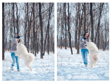 samoyed köpek kış orman ile mutlu bir kadın