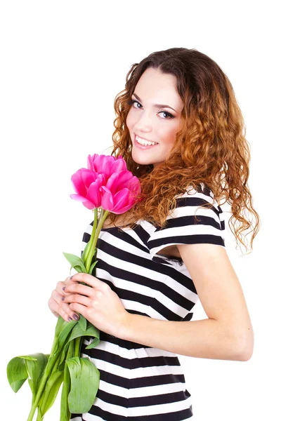 Hermosa mujer con flores aisladas — Foto de Stock