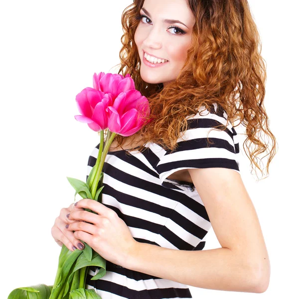Krásná žena s květinami, samostatný — Stock fotografie