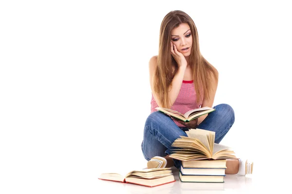 Student met boeken, geïsoleerd op wit — Stockfoto