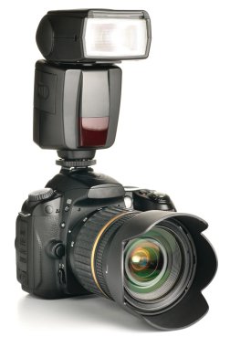 Photo camera with an external flash attached clipart