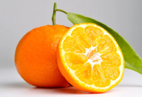 Gri bir arka plan üzerine bir mandarin closeup — Stok fotoğraf