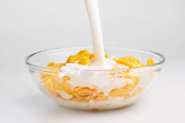Melk stream stromen naar de kom met cornflakes — Stockfoto