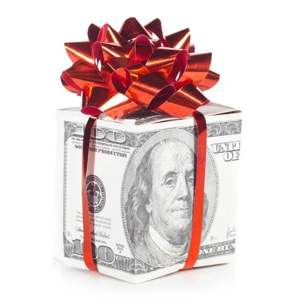Caja de regalo hecha de dólares —  Fotos de Stock