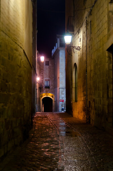 Night street view at Girona, Barcelona, Spain