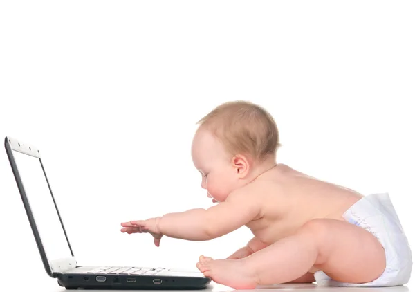 O bebê está trabalhando no laptop — Fotografia de Stock