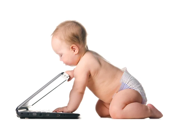 Little baby is working on laptop — Stock Photo, Image