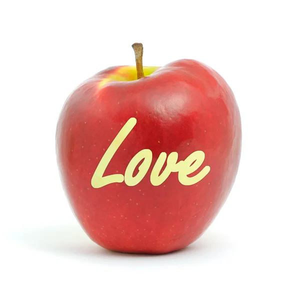 Maçã vermelha fresca com mensagem de amor — Fotografia de Stock