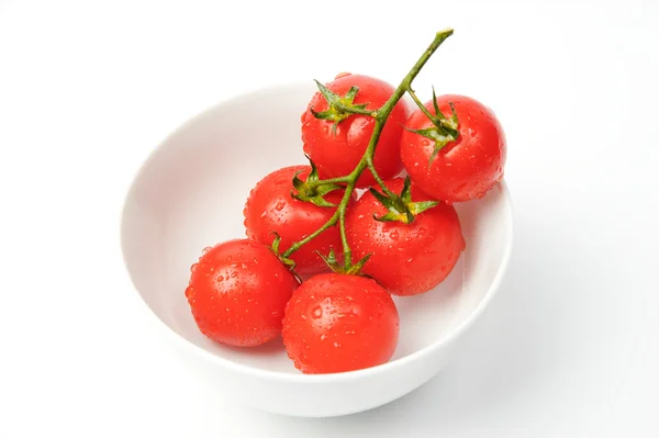 Red tomatoes in white bowl — Stock Photo, Image