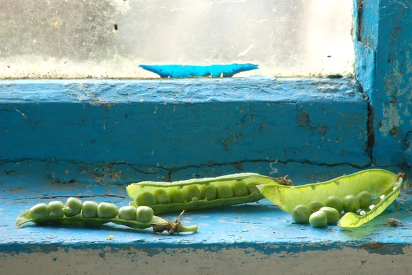 Zelený hrášek na okenním parapetu — Stock fotografie
